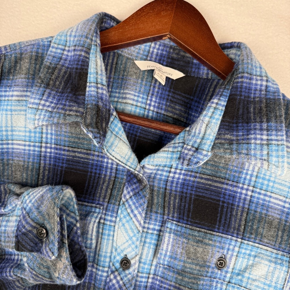 LL Bean Signature Archive Chamois Cloth Shirt Blue Black Plaid Womens Large